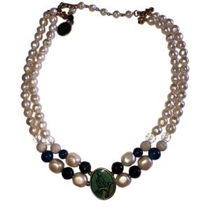 Liz Claiborne F Baroque Pearl Bead 2T Navy White Cameo Pendant Necklace